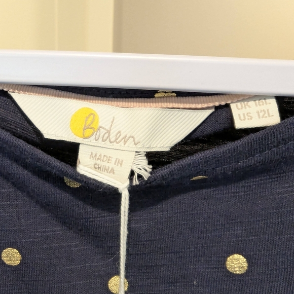 Brand new Boden Romaine Tiered Jersey Dress. Navy w/ Gold Polkadot, size 12 long - Picture 6 of 10